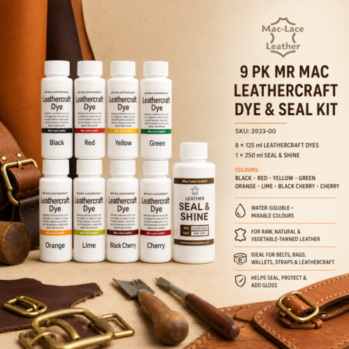 9 Pack MR MAC Leathercraft Dye Kit with eight 125 ml dye colours and 250 ml Seal & Shine