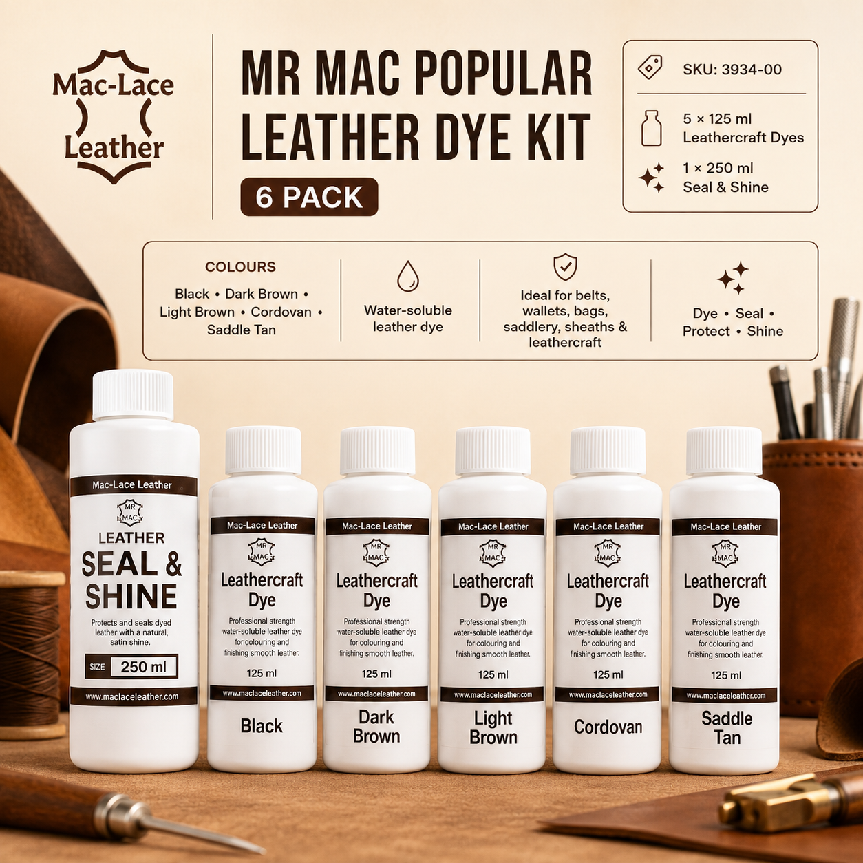 MR MAC 6 Pack Popular Leather Dye Kit with five 125 ml dyes and 250 ml Seal & Shine.
