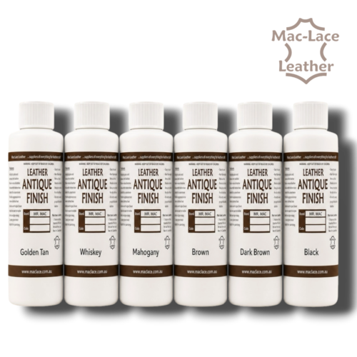 Six 125ml bottles of MR MAC Antique Finish Kit in Black, Brown, Dark Brown, Golden Tan, Mahogany and Whiskey for highlighting tooled and stamped leather.