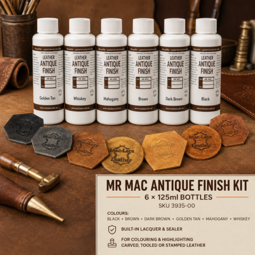 Six 125ml bottles of MR MAC Antique Finish Kit in Black, Brown, Dark Brown, Golden Tan, Mahogany and Whiskey for highlighting tooled and stamped leather.