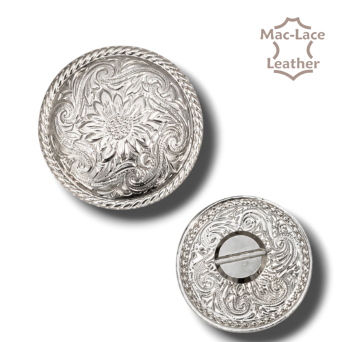 Shiny silver 30mm round rope edge concho with screw-back fitting for leathercraft.