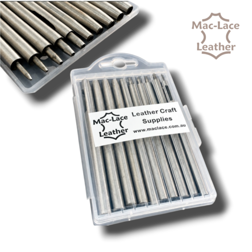 0.5mm to 5mm Japanese 10-piece leather hole punch set designed to be struck with a leathercraft mallet.