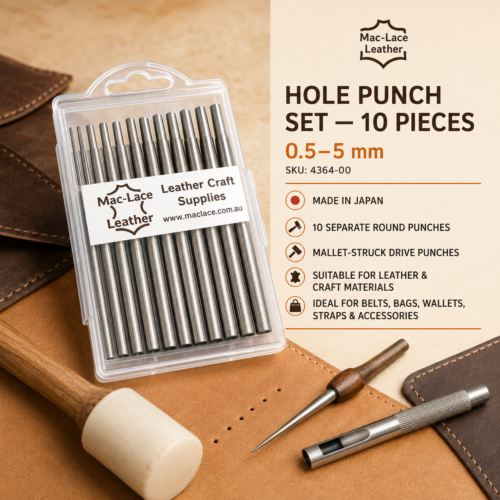 0.5mm to 5mm Japanese 10-piece leather hole punch set designed to be struck with a leathercraft mallet.