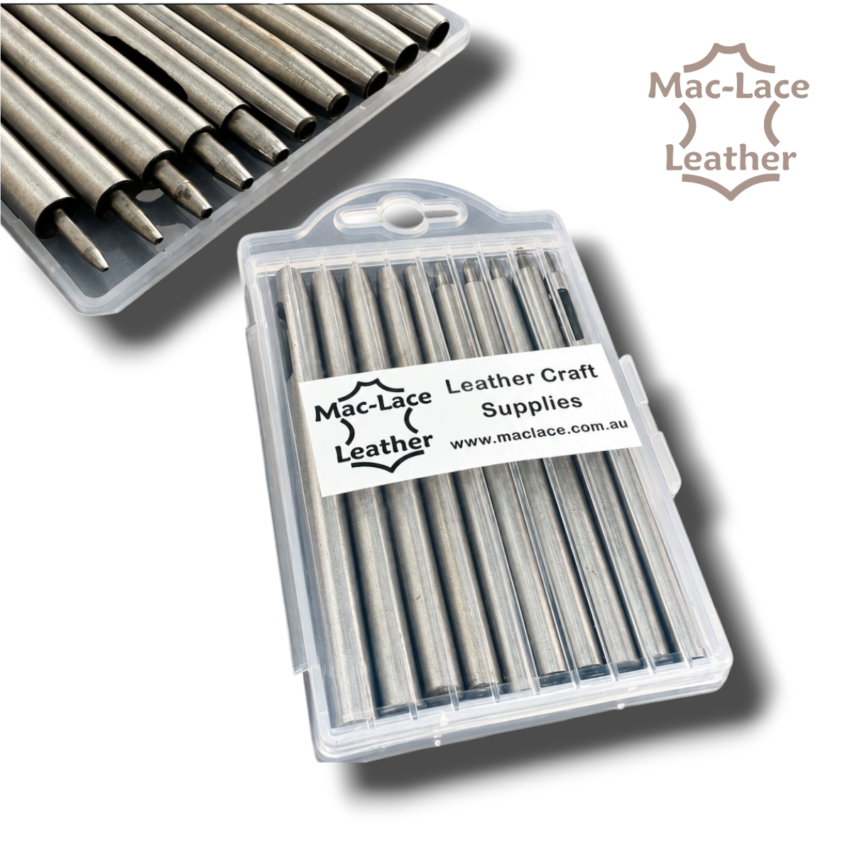0.5mm to 5mm Japanese 10-piece leather hole punch set designed to be struck with a leathercraft mallet.