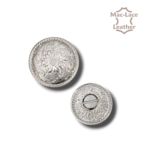 Shiny silver 25mm round rope edge concho with screw-back fitting for leathercraft.