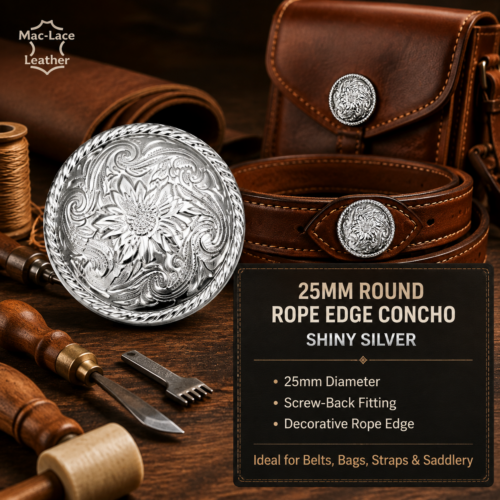 Shiny silver 25mm round rope edge concho with screw-back fitting for leathercraft.