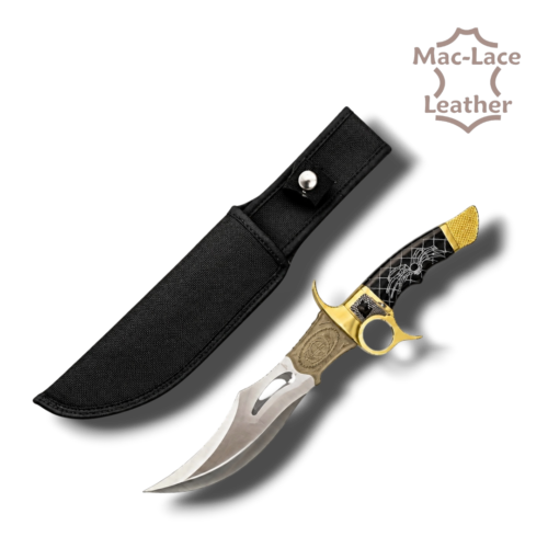 13¾-inch Black Widow Bowie knife with stainless steel blade, black spider handle and leather sheath