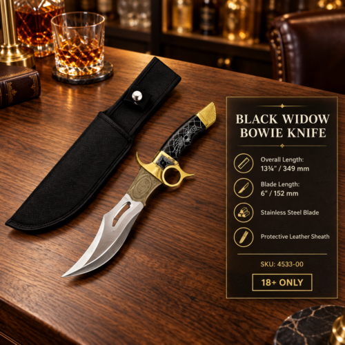 13¾-inch Black Widow Bowie knife with stainless steel blade, black spider handle and leather sheath