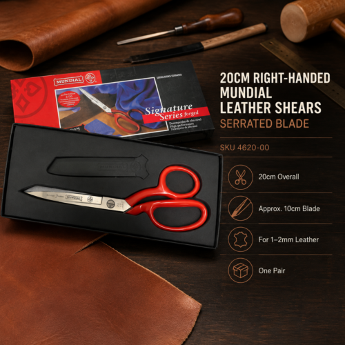 20cm right-handed Mundial leather shears with lightly serrated blade for cutting 1–2mm leather.