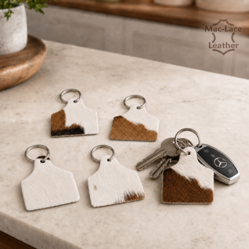 Individual genuine calfskin ear tag keyrings with small split rings