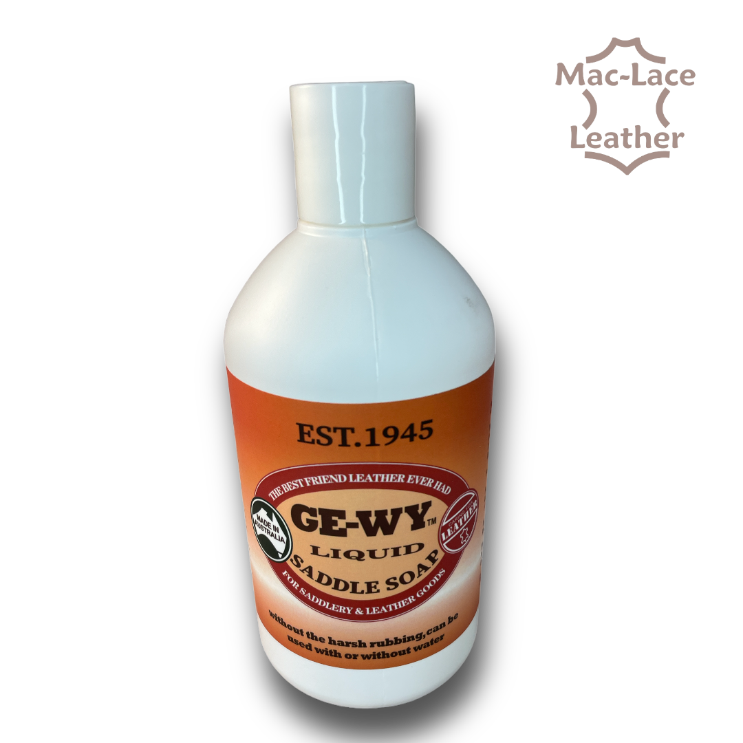 Introducing GE-WY Liquid Saddle Soap 500ml, the perfect solution for cleaning and conditioning your leather goods. Made with care in Australia, this high-quality liquid saddle soap is designed to effectively remove dirt, grime, and stains while nourishing and maintaining the natural beauty of your leather items. GE-WY Liquid Saddle Soap is expertly crafted with a gentle yet powerful formula that cleans and conditions all types of leather. Whether it's your favourite saddle, boots, handbag, or furniture, this versatile soap can handle it all. It effortlessly lifts away dirt and debris, leaving your leather looking clean, refreshed, and rejuvenated.