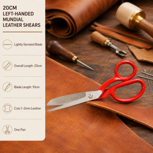 20cm left-handed Mundial leather shears with a lightly serrated 10cm blade for cutting 1–2mm leather.