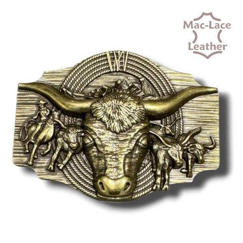 Brass trophy buckle featuring an embossed longhorn bull and Western rodeo design.