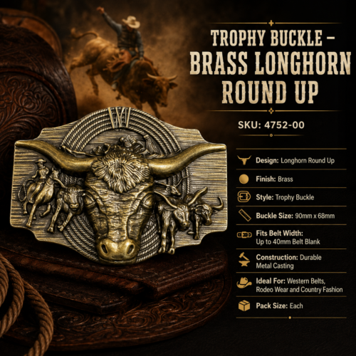 Brass trophy buckle featuring an embossed longhorn bull and Western rodeo design.