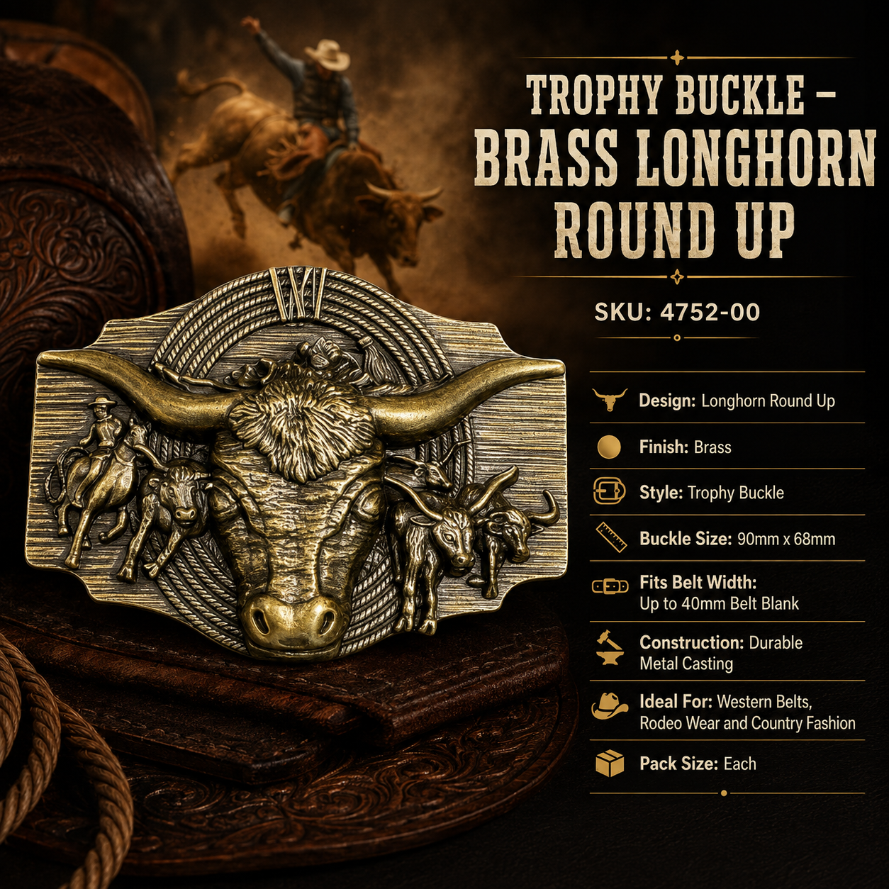 Brass trophy buckle featuring an embossed longhorn bull and Western rodeo design.