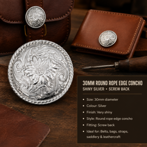 Shiny silver 30mm round rope edge concho with screw-back fitting for leathercraft.