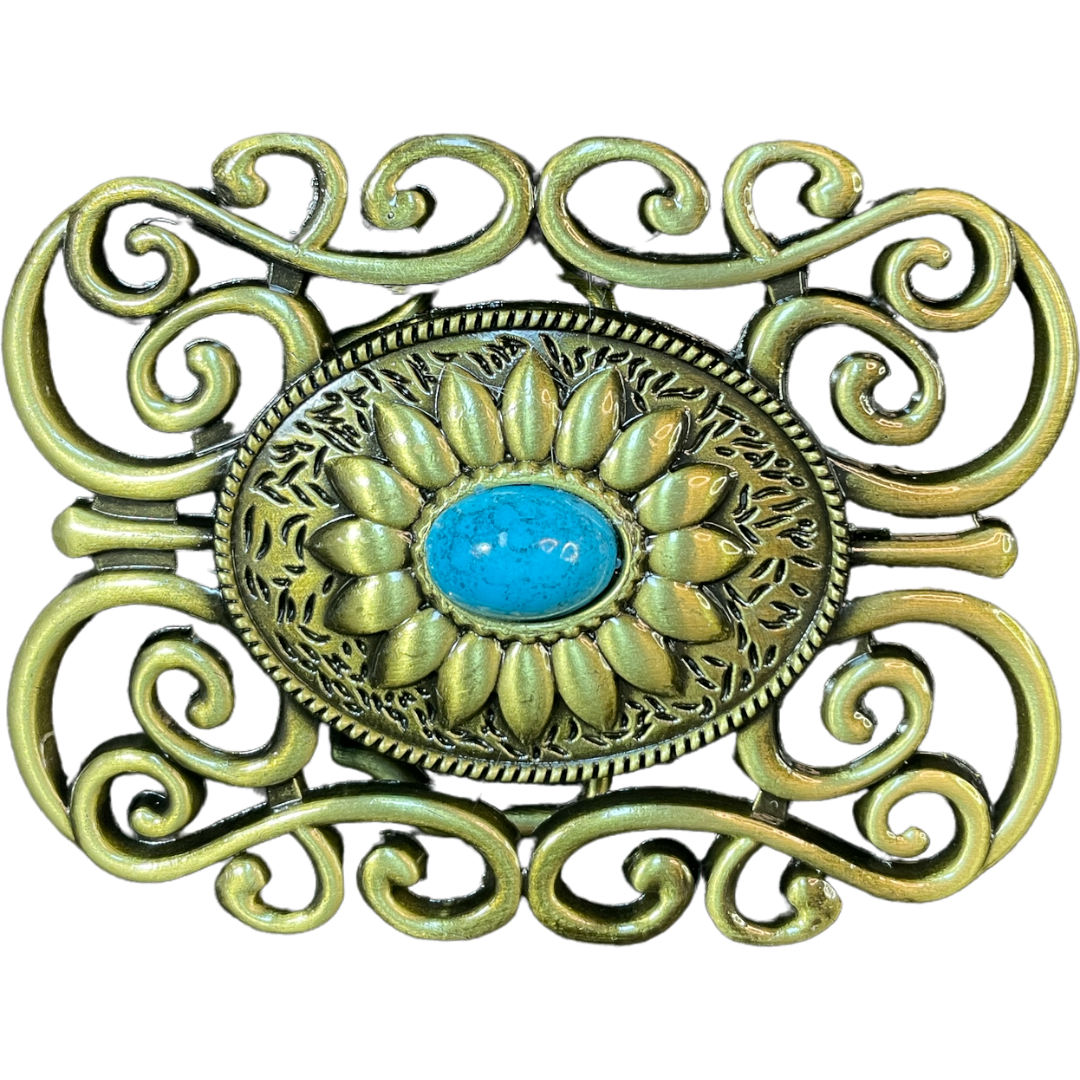 Trophy Buckle - Antique Brass Turquoise Stone