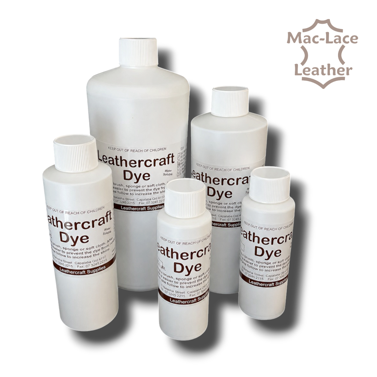 MR MAC Leathercraft Dye bottle for colouring raw, natural and vegetable-tanned leather, available in multiple colours and sizes.