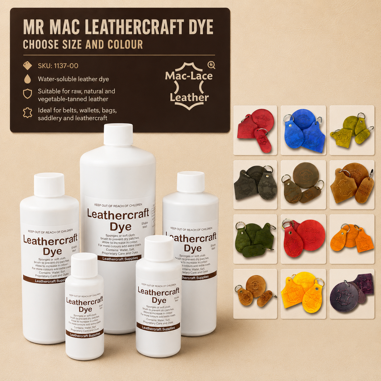 MR MAC Leathercraft Dye bottle for colouring raw, natural and vegetable-tanned leather, available in multiple colours and sizes.