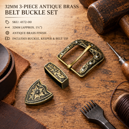 32mm 3-piece antique brass belt buckle set with keeper and tip