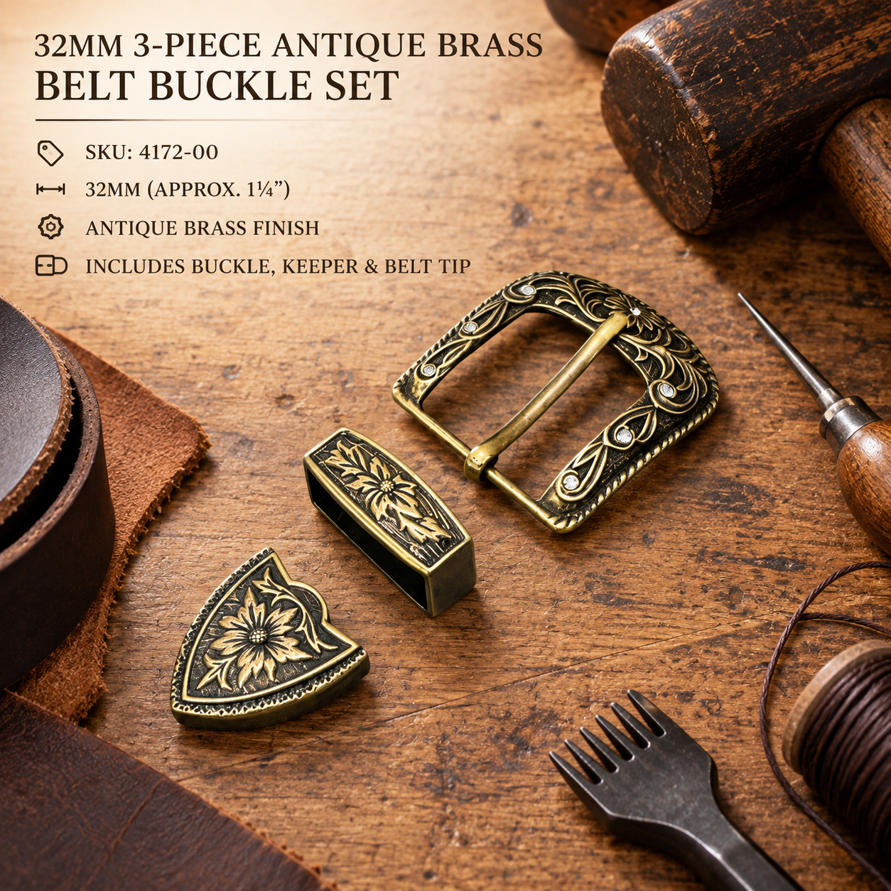 32mm 3-piece antique brass belt buckle set with keeper and tip