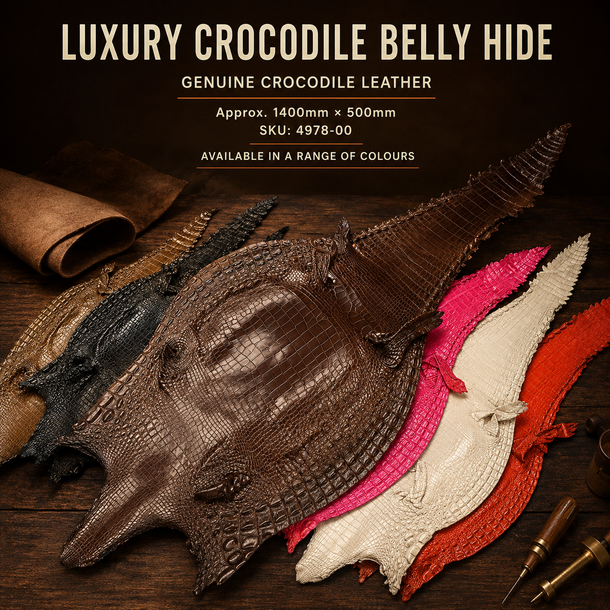 1400mm × 500mm genuine crocodile belly leather hide with natural scales for luxury leathercraft
