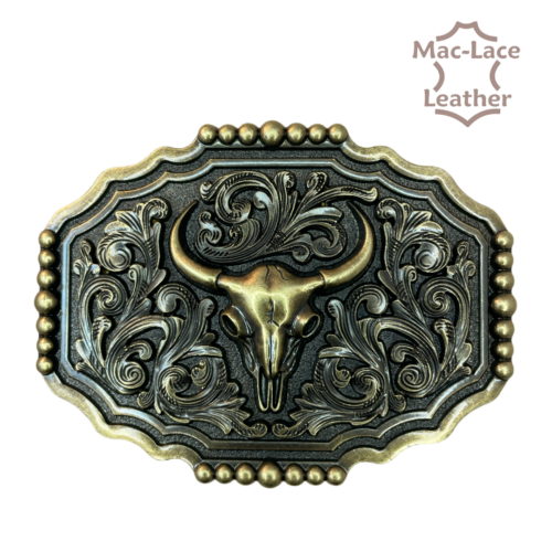 Trophy Buckle - Bull Skull Antique Brass