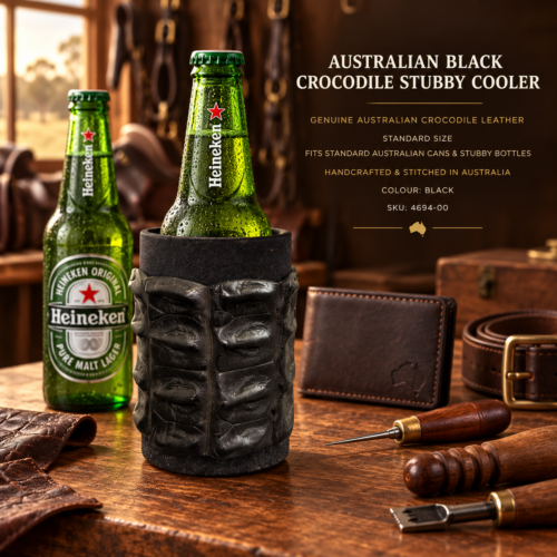 Australian black crocodile leather stubby cooler handcrafted in Australia