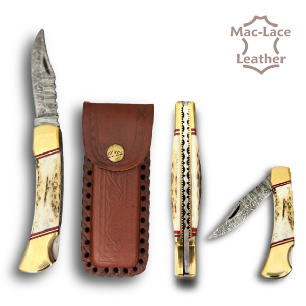 Damascus Folding Stag Handle with Leather Sheath