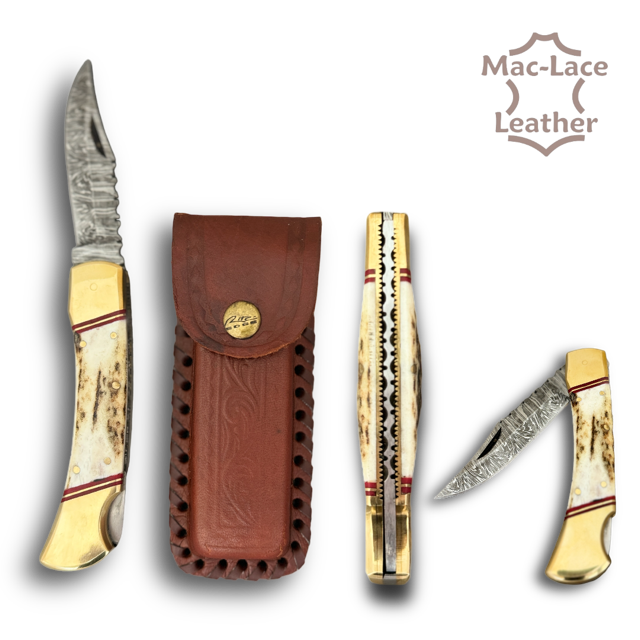 Damascus Folding Stag Handle with Leather Sheath