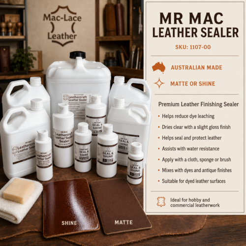 MR MAC Leather Sealer range displayed with glossy and matte leather samples, Australian made, SKU 1107-00.