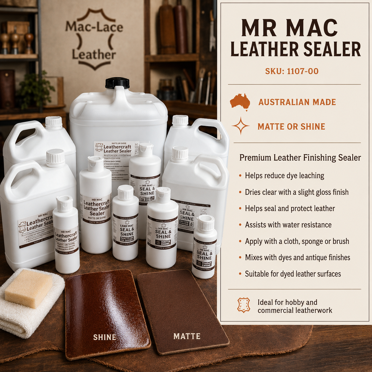 MR MAC Leather Sealer range displayed with glossy and matte leather samples, Australian made, SKU 1107-00.