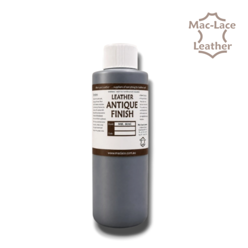 MR MAC Leathercraft Antique Finish 1 Litre bottle, a water-soluble finish for colouring leather and highlighting carved, tooled and stamped patterns.