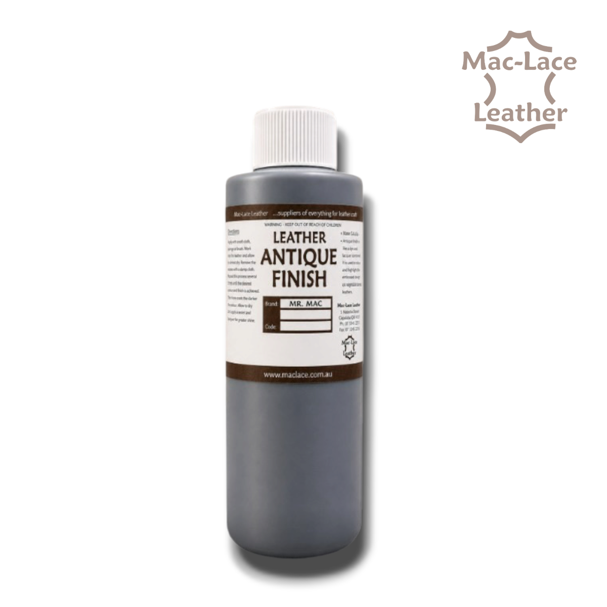MR MAC Leathercraft Antique Finish 1 Litre bottle, a water-soluble finish for colouring leather and highlighting carved, tooled and stamped patterns.