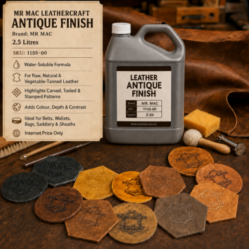 2.5 litre MR MAC Leathercraft Antique Finish for colouring natural and vegetable-tanned leather and highlighting carved, tooled and stamped patterns.