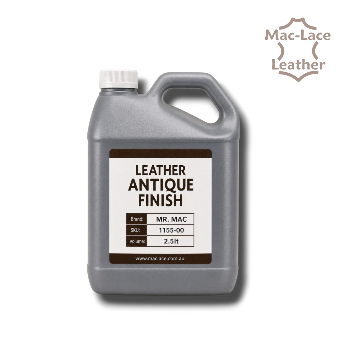 2.5 litre MR MAC Leathercraft Antique Finish for colouring natural and vegetable-tanned leather and highlighting carved, tooled and stamped patterns.
