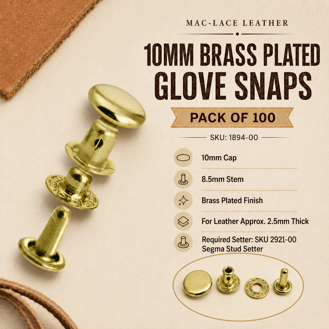 8.5mm Brass Plated Glove Snaps – Pack of 100