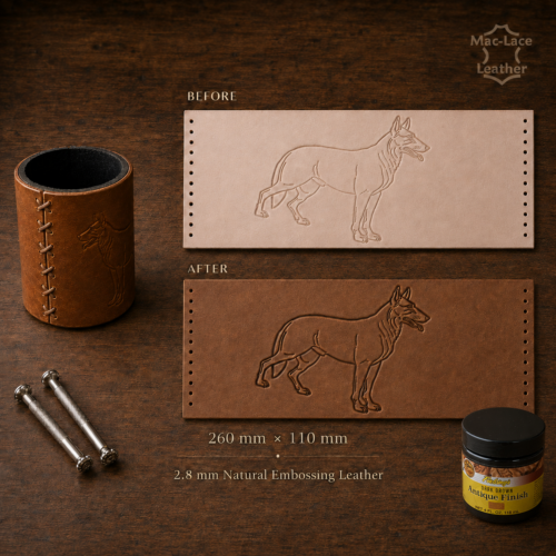 Embossed German Shepherd leather stubby cooler cover measuring 260mm × 110mm