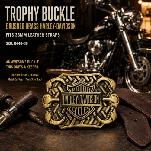 Harley-Davidson heavy polished brass trophy buckle for 38mm leather belts, featuring detailed black recessed accents and a classic motorcycle design.