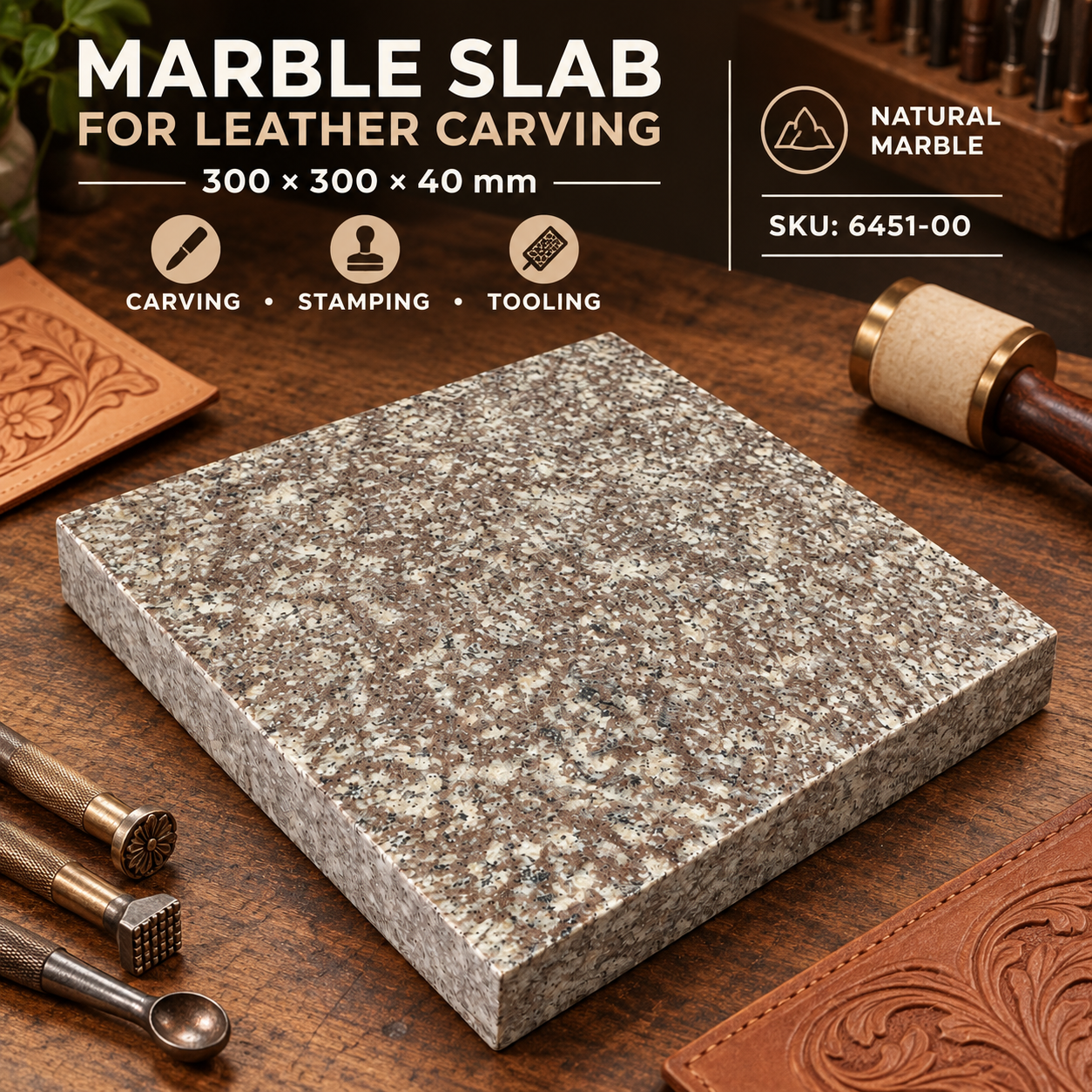 300 x 300 x 40mm marble slab for leather carving and stamping