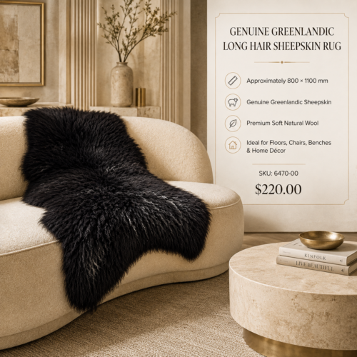 Genuine natural Greenlandic long-hair sheepskin rug, approximately 800 × 1100 mm, with a soft, luxurious textured fleece.