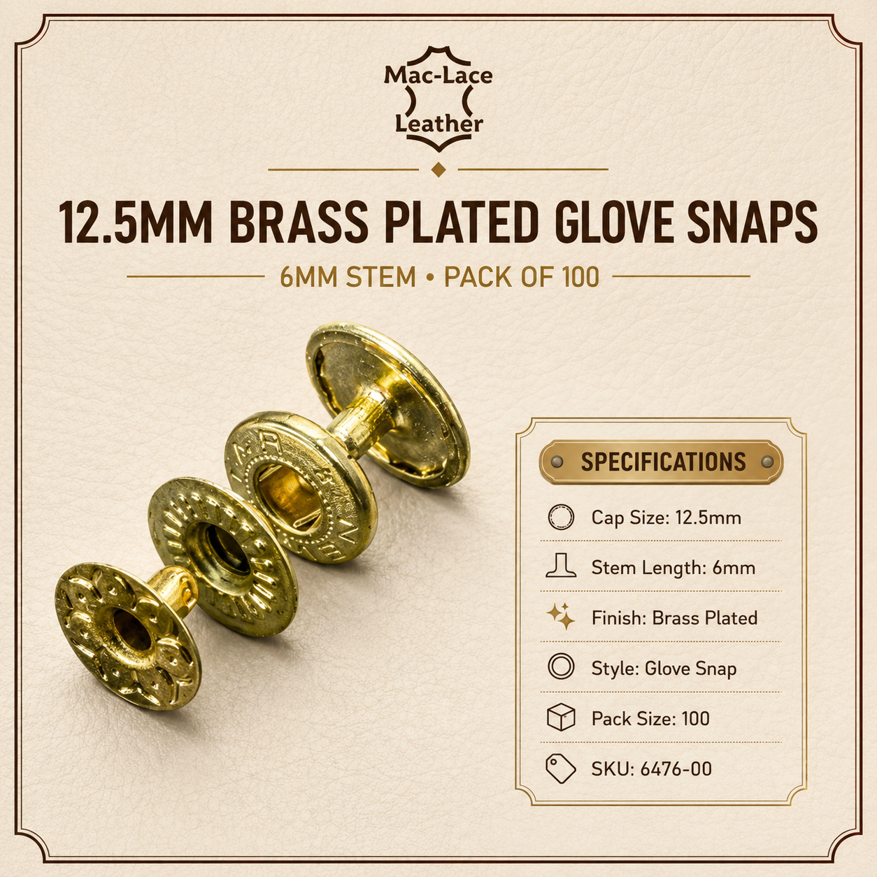 12.5mm Brass Plated Glove Snaps – 6mm Stem Pack 100