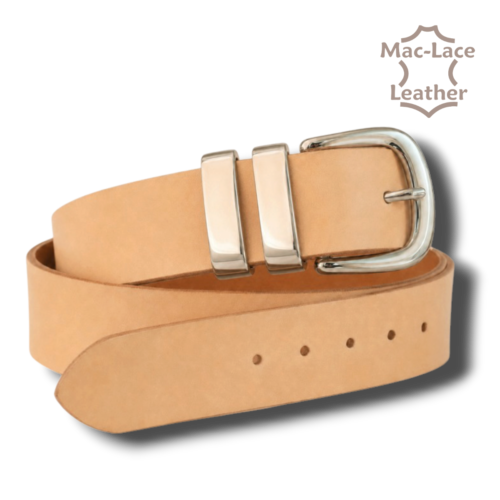 38mm natural vegetable-tanned leather belt with metal buckle, double leather keepers, Chicago screw and suggested leatherworking tools.