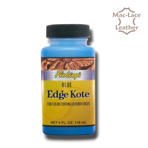 Blue 4 oz bottle of Fiebing’s Edge Kote flexible semi-gloss leather edge finish.