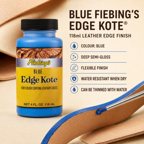 Blue 4 oz bottle of Fiebing’s Edge Kote flexible semi-gloss leather edge finish.