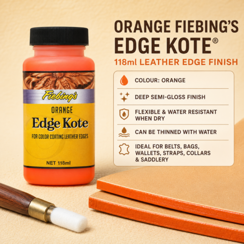 Orange Fiebing’s Edge Kote® 118ml flexible semi-gloss leather edge finish.