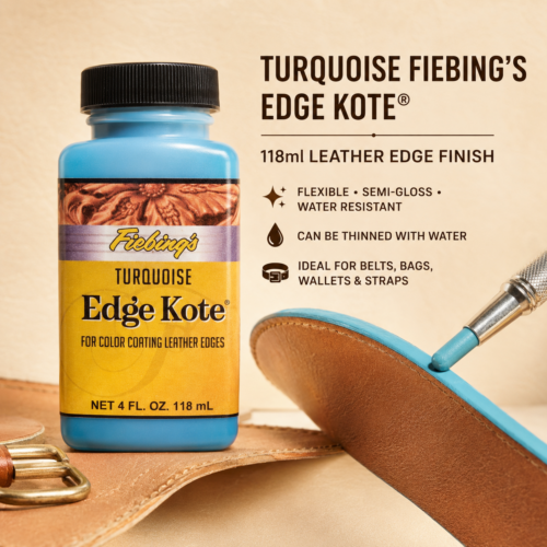 Turquoise Fiebing’s Edge Kote® 118ml flexible semi-gloss leather edge finish.