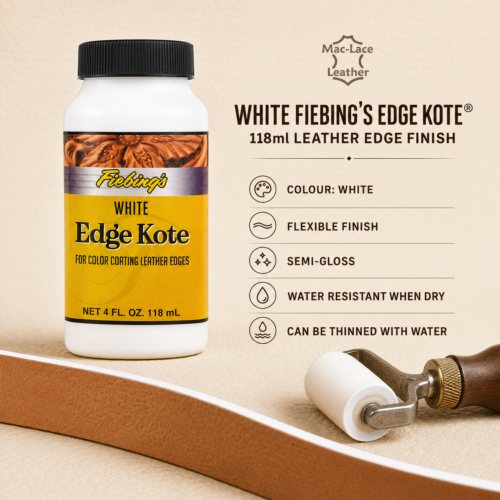White Fiebing’s Edge Kote® 118ml flexible semi-gloss leather edge finish.