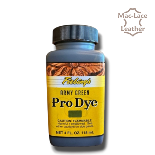 Army Green Fiebing’s Pro Dye 180ml premium penetrating leather dye bottle.