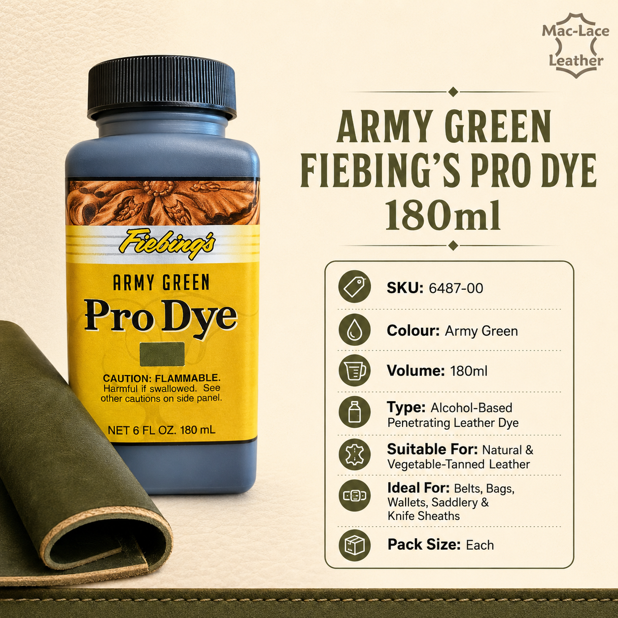 Army Green Fiebing’s Pro Dye 180ml premium penetrating leather dye bottle.
